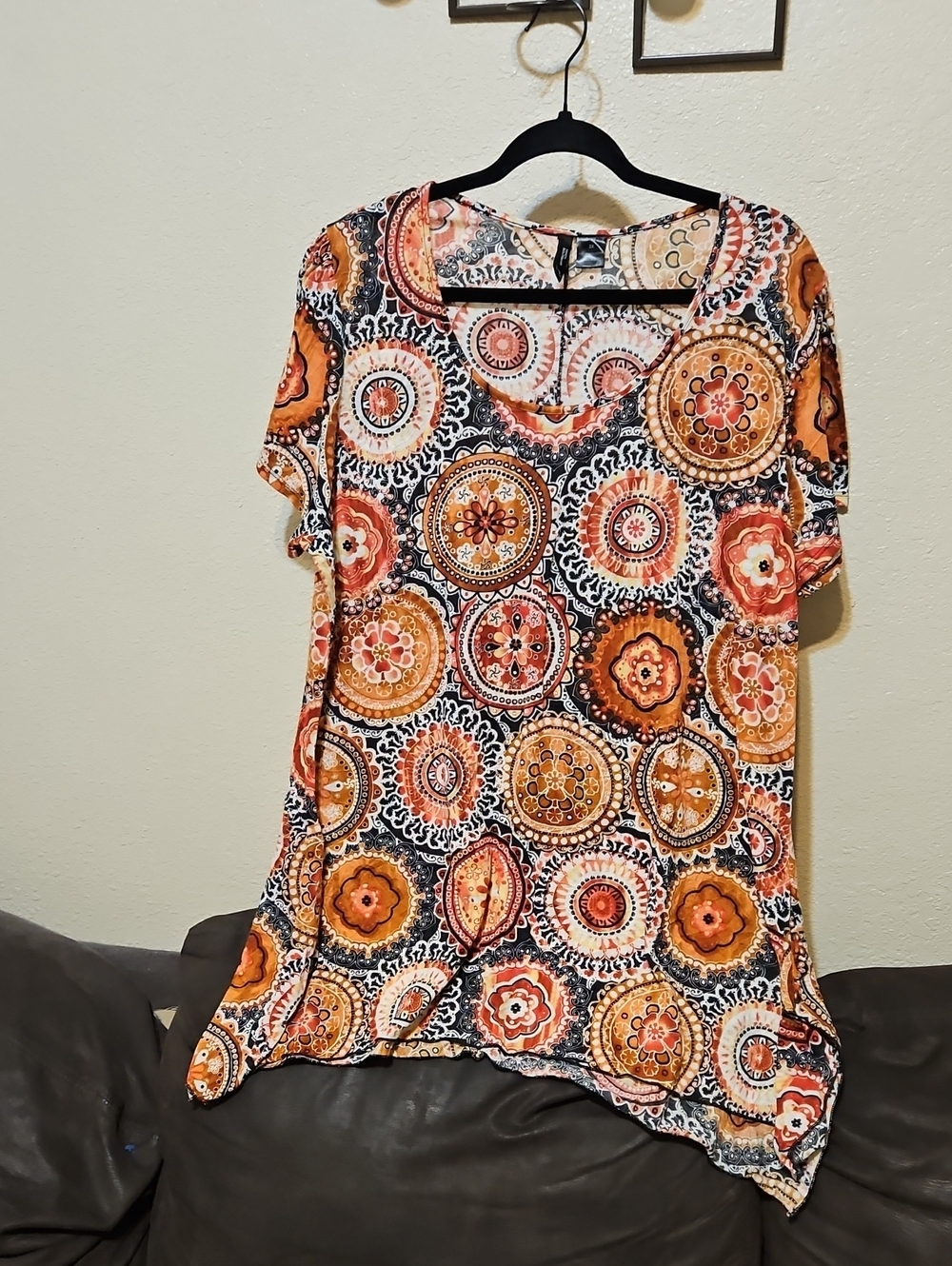 new directions Orange, Cream and Black Medallion Short Sleeve Tunic